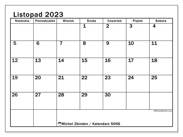 Kalendarz listopad 2023 “50”. Darmowy program do druku.. Od niedzieli do soboty