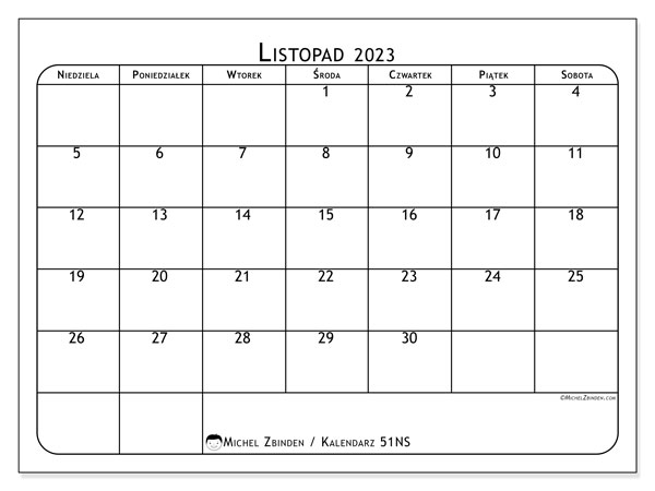 Kalendarz listopad 2023 “51”. Darmowy plan do druku.. Od niedzieli do soboty