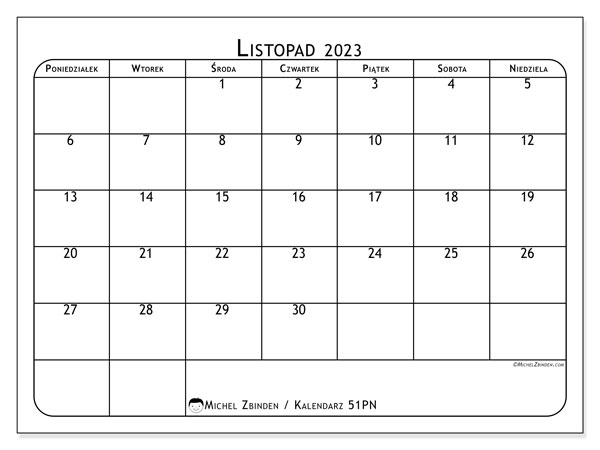 Kalendarz listopad 2023 “51”. Darmowy plan do druku.. Od poniedziałku do niedzieli