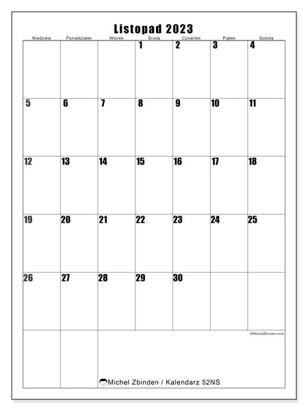 Kalendarz listopad 2023, 52NS. Darmowy dziennik do druku.