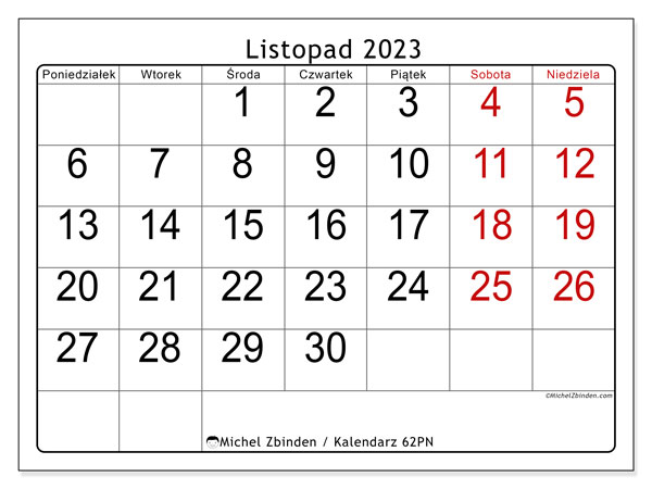 Kalendarz listopad 2023, 62PN. Darmowy dziennik do druku.