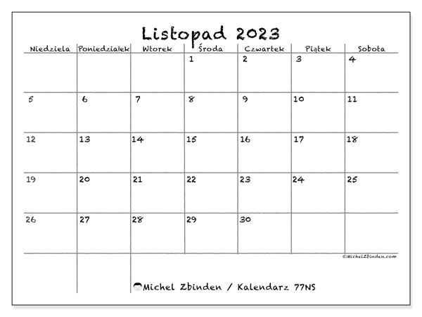 Kalendarz listopad 2023 “77”. Darmowy plan do druku.. Od niedzieli do soboty