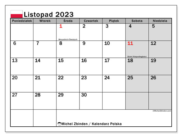 Calendrier novembre 2023, Pologne (PL), prêt à imprimer et gratuit.