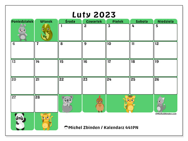 Kalendarz luty 2023 do druku. Kalendarz miesięczny “441PN” i bezpłatny rozkład jazdy do wydrukowania