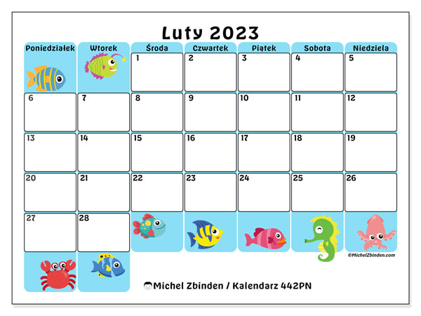 Kalendarz do druku, luty 2023, 442PN