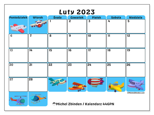 Kalendarz do druku, luty 2023, 446PN