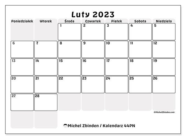 44PN, kalendarz luty 2023, do druku, bezpłatny.