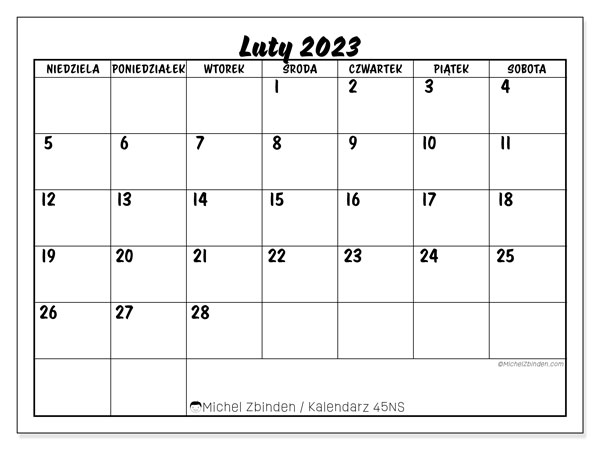 Kalendarz do druku, luty 2023, 45NS