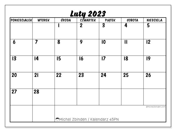 Kalendarz do druku, luty 2023, 45PN