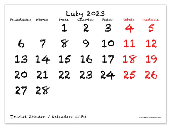 46PN, kalendarz luty 2023, do druku, bezpłatny.