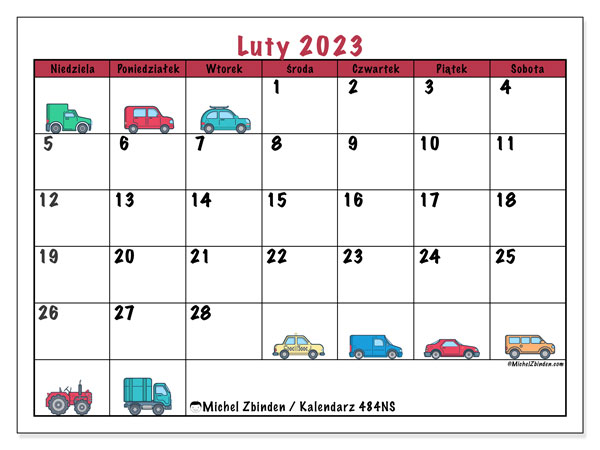Kalendarz luty 2023 “484”. Darmowy kalendarz do druku.. Od niedzieli do soboty