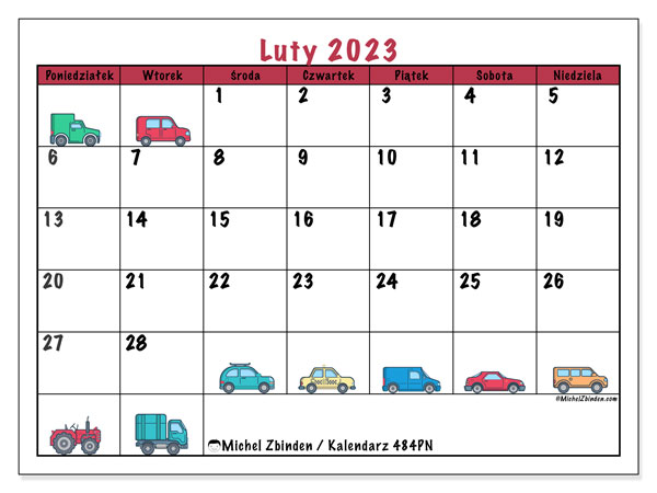 Kalendarz luty 2023 do druku. Kalendarz miesięczny “484PN” i bezpłatny planer do wydrukowania