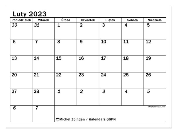 501PN, kalendarz luty 2023, do druku, bezpłatny.