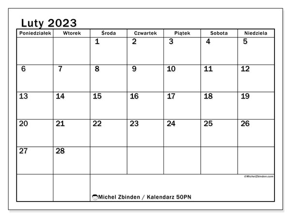 50PN, kalendarz luty 2023, do druku, bezpłatny.