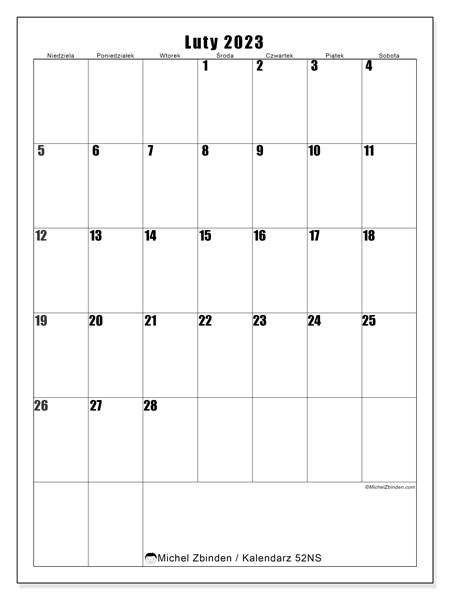 Kalendarz do druku, luty 2023, 52NS