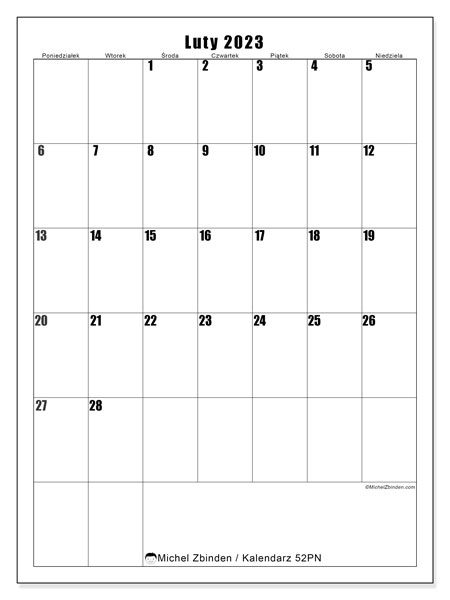 Kalendarz do druku, luty 2023, 52PN