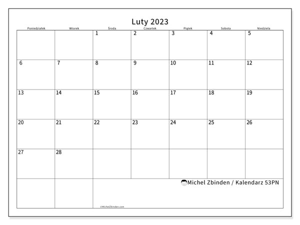 Kalendarz do druku, luty 2023, 53PN