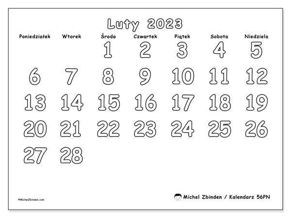 56PN, kalendarz luty 2023, do druku, bezpłatny.