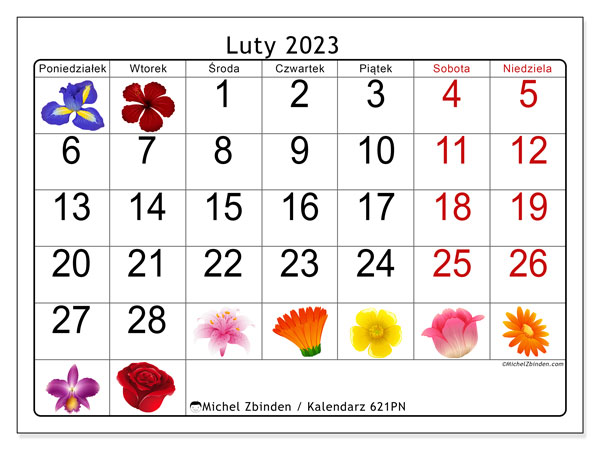 Kalendarz do druku, luty 2023, 621PN