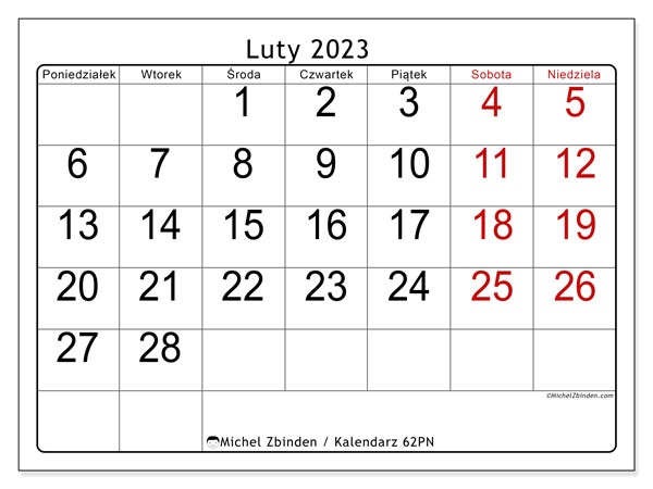 Kalendarz do druku, luty 2023, 62PN