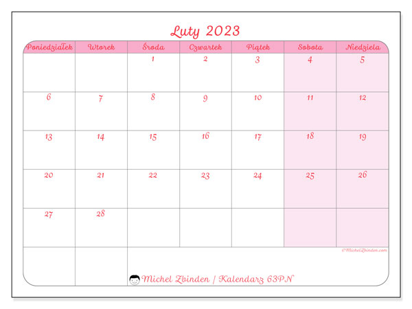 Kalendarz do druku, luty 2023, 63PN