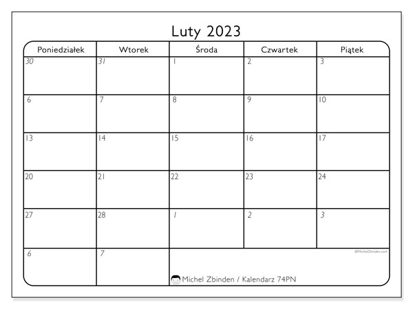 Kalendarz do druku, luty 2023, 74PN
