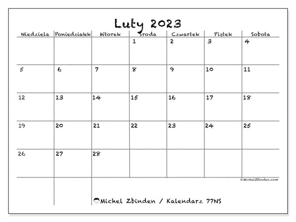 Kalendarz do druku, luty 2023, 77NS