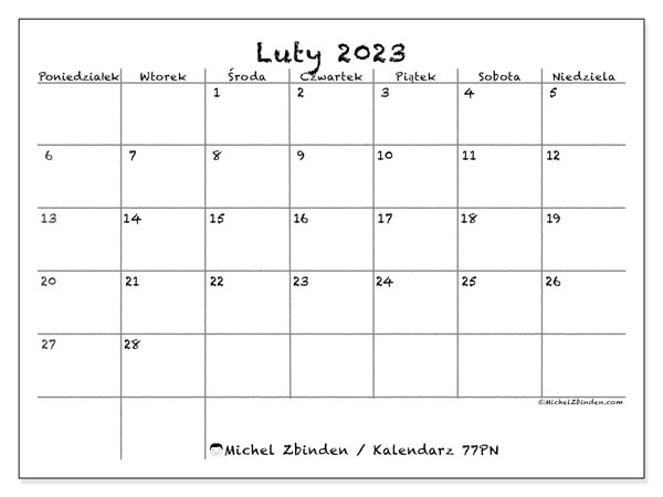 77PN, kalendarz luty 2023, do druku, bezpłatny.