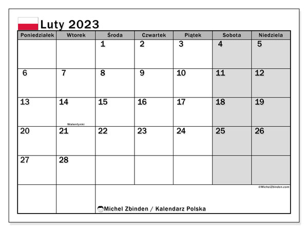 Polska, kalendarz luty 2023, do druku, bezpłatny.
