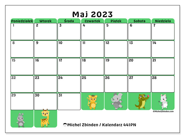 Kalendarz maj 2023, 441PN. Darmowy kalendarz do druku.