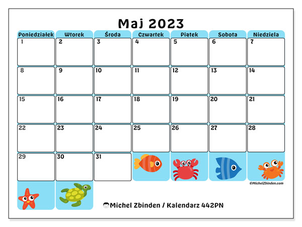 Kalendarz maj 2023 do druku. Kalendarz miesięczny “442PN” i bezpłatny harmonogram do wydrukowania