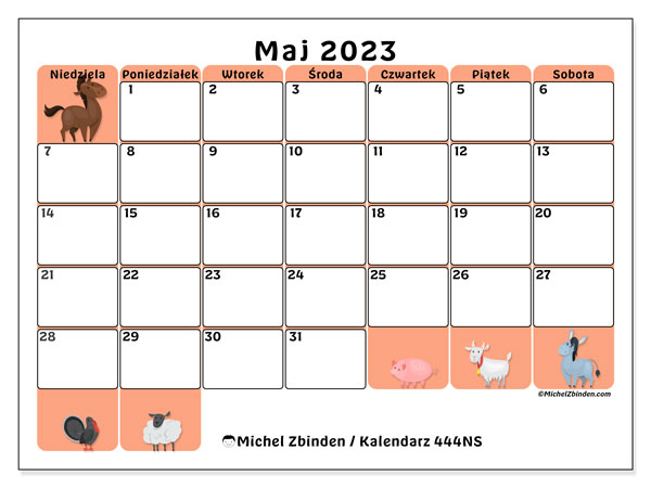 Kalendarz maj 2023, 444NS. Darmowy kalendarz do druku.