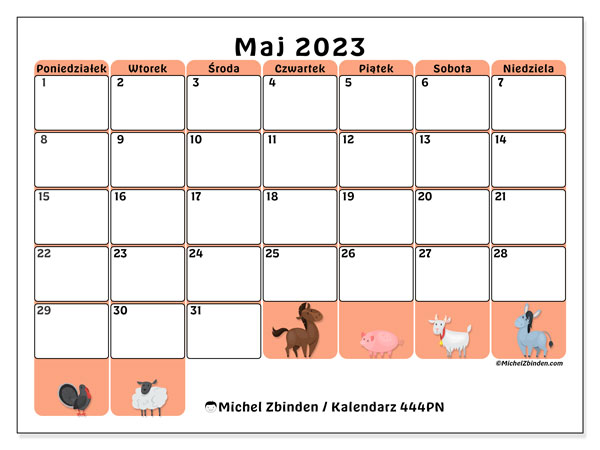 Kalendarz maj 2023 do druku. Kalendarz miesięczny “444PN” i bezpłatny zestawienie do druku