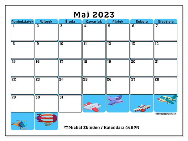 Kalendarz maj 2023 do druku. Kalendarz miesięczny “446PN” i bezpłatny zestawienie do wydrukowania
