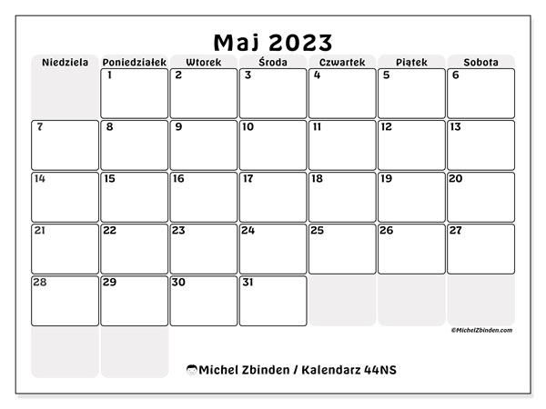 Kalendarz maj 2023, 44NS. Darmowy kalendarz do druku.