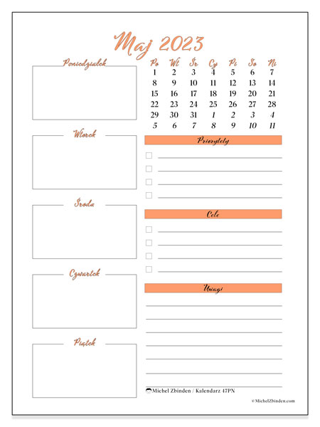 Kalendarz maj 2023 do druku. Kalendarz miesięczny “47PN” i bezpłatny rozkład jazdy do wydrukowania
