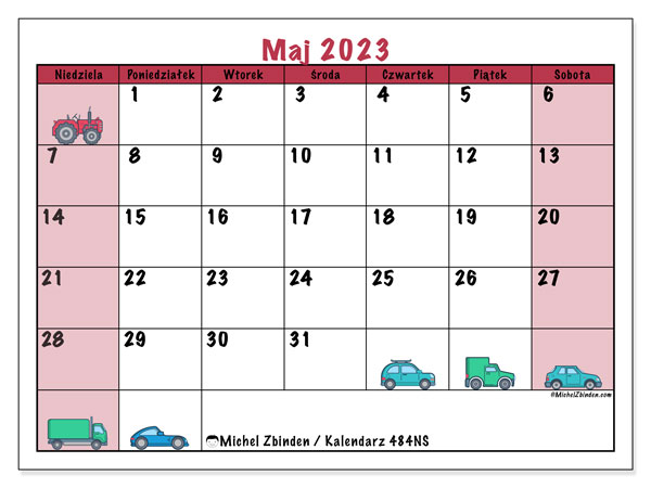 Kalendarz maj 2023 “484”. Darmowy terminarz do druku.. Od niedzieli do soboty