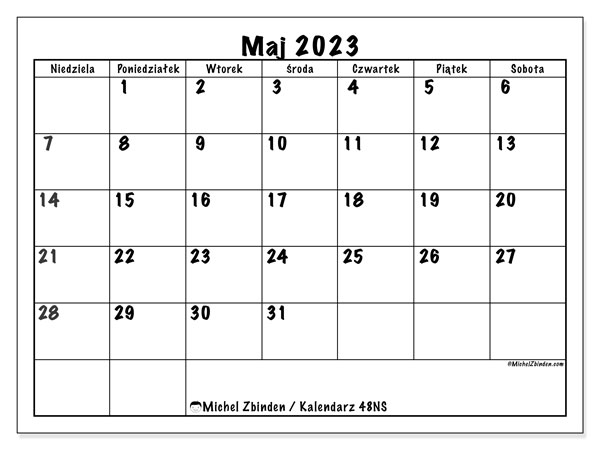Kalendarz maj 2023, 48NS. Darmowy kalendarz do druku.