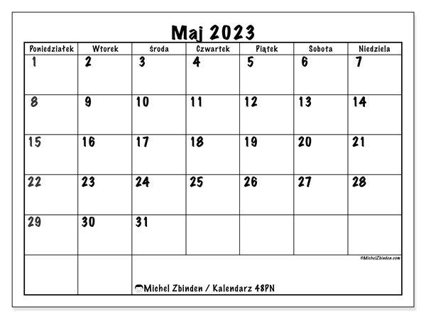 Kalendarz maj 2023 do druku. Kalendarz miesięczny “48PN” i bezpłatny rozkład jazdy do wydrukowania