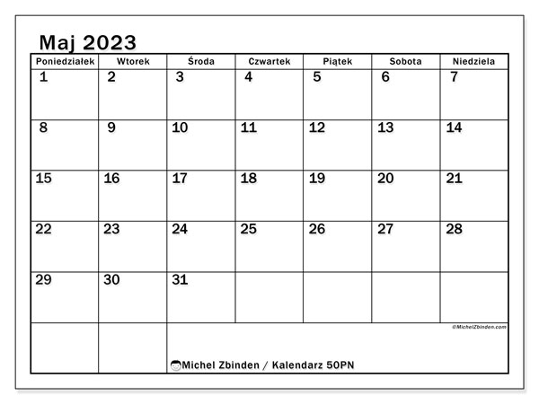 Kalendarz maj 2023 do druku. Kalendarz miesięczny “50PN” i bezpłatny harmonogram do wydrukowania