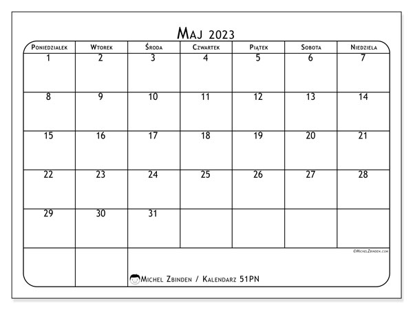 Kalendarz maj 2023 do druku. Kalendarz miesięczny “51PN” i bezpłatny zestawienie do wydrukowania