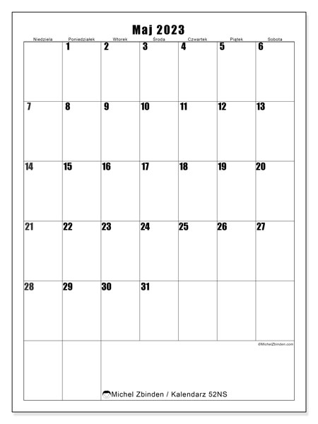 Kalendarz do druku, maj 2023, 52NS