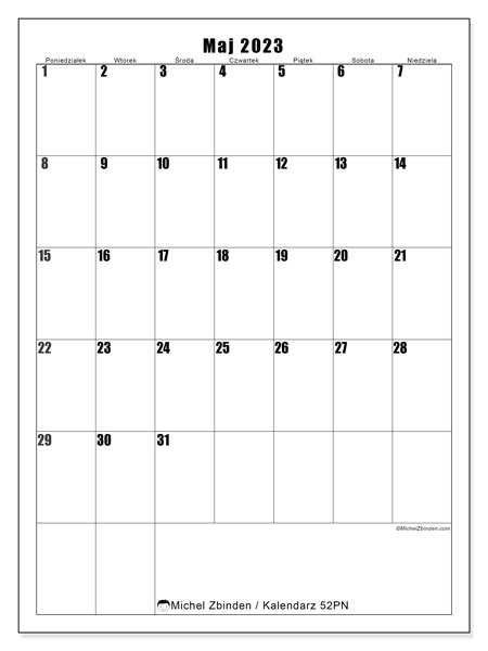 Kalendarz maj 2023, 52PN. Darmowy kalendarz do druku.