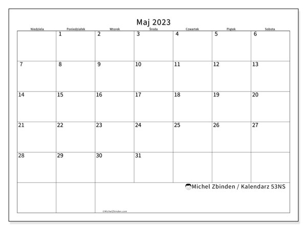 Kalendarz maj 2023, 53NS. Darmowy kalendarz do druku.