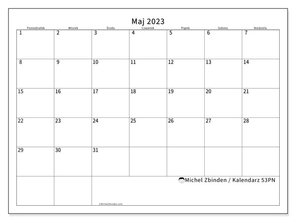 Kalendarz maj 2023, 53PN. Darmowy kalendarz do druku.