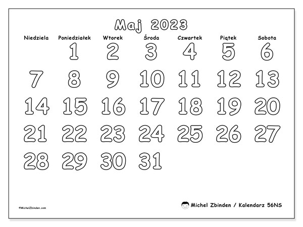 Kalendarz maj 2023, 56NS. Darmowy kalendarz do druku.