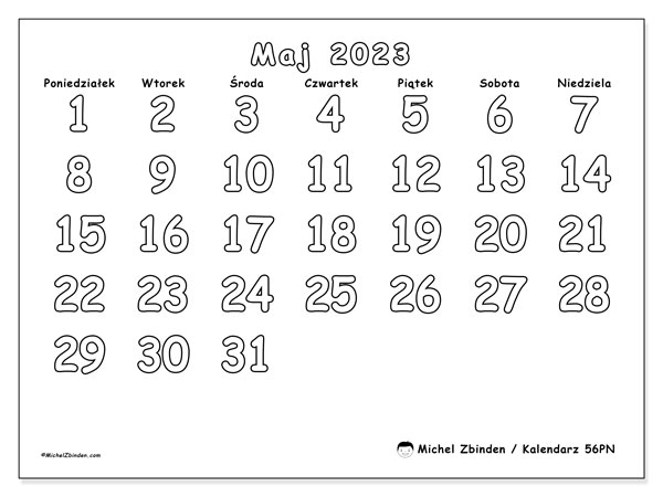 56PN, kalendarz maj 2023, do druku, bezpłatny.