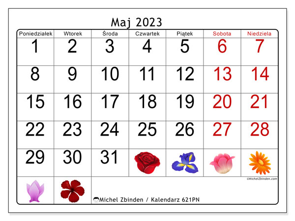Kalendarz maj 2023 do druku. Kalendarz miesięczny “621PN” i bezpłatny planer do druku