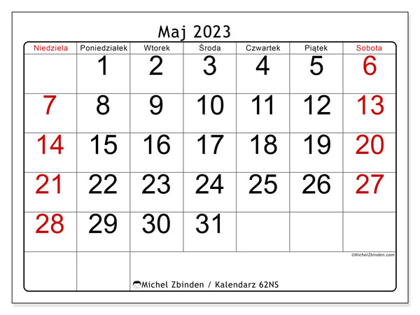 Kalendarz maj 2023, 62NS. Darmowy kalendarz do druku.
