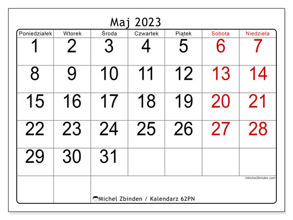 Kalendarz maj 2023 do druku. Kalendarz miesięczny “62PN” i bezpłatny zestawienie do wydrukowania